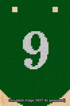 A simulated image of the stitched needlepoint design: Banner 13m Curved 9 White on Green. Not A.I. generated.