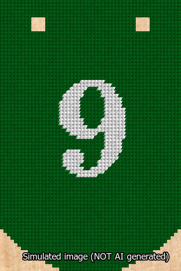 A simulated image of the stitched needlepoint design: Banner 13m Curved 9 White on Green. Not A.I. generated.