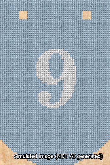 A simulated image of the stitched needlepoint design: Banner 13m Curved 9 White on Light Blue. Not A.I. generated.