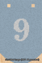 A simulated image of the stitched needlepoint design: Banner 13m Curved 9 White on Light Blue. Not A.I. generated.