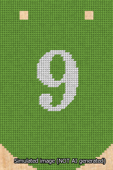 A simulated image of the stitched needlepoint design: Banner 13m Curved 9 White on Light Green. Not A.I. generated.