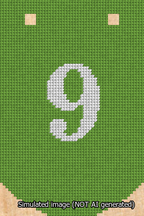 A simulated image of the stitched needlepoint design: Banner 13m Curved 9 White on Light Green. Not A.I. generated.