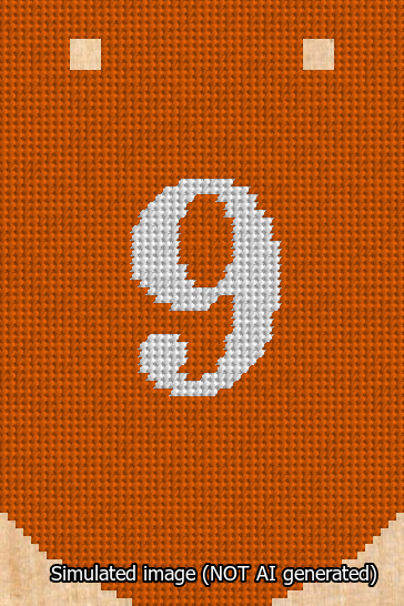 A simulated image of the stitched needlepoint design: Banner 13m Curved 9 White on Orange. Not A.I. generated.