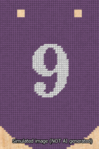 A simulated image of the stitched needlepoint design: Banner 13m Curved 9 White on Purple. Not A.I. generated.