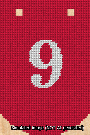 A simulated image of the stitched needlepoint design: Banner 13m Curved 9 White on Red. Not A.I. generated.