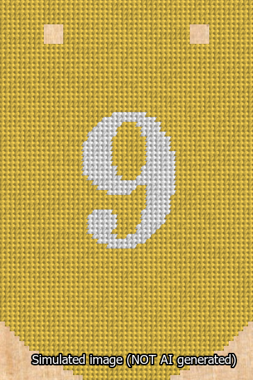 A simulated image of the stitched needlepoint design: Banner 13m Curved 9 White on Yellow. Not A.I. generated.
