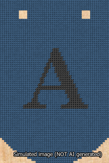 A simulated image of the stitched needlepoint design: Banner 13m Curved A Black on Blue. Not A.I. generated.