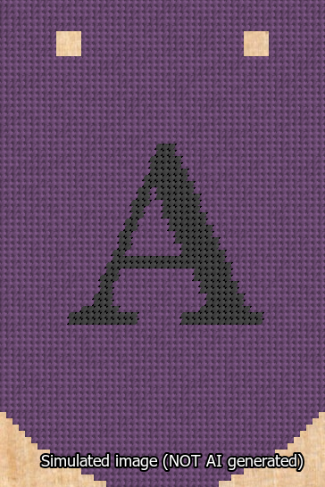 A simulated image of the stitched needlepoint design: Banner 13m Curved A Black on Purple. Not A.I. generated.
