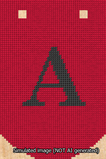 A simulated image of the stitched needlepoint design: Banner 13m Curved A Black on Red. Not A.I. generated.