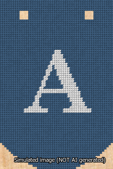 A simulated image of the stitched needlepoint design: Banner 13m Curved A White on Blue. Not A.I. generated.
