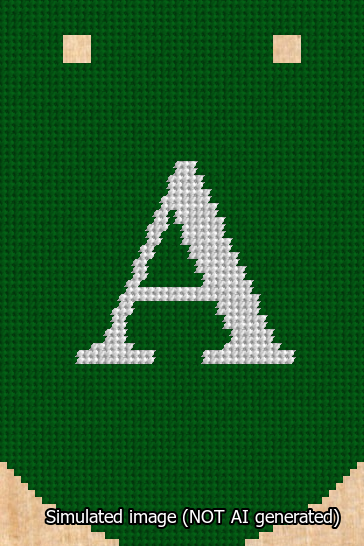 A simulated image of the stitched needlepoint design: Banner 13m Curved A White on Green. Not A.I. generated.