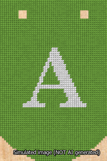 A simulated image of the stitched needlepoint design: Banner 13m Curved A White on Light Green. Not A.I. generated.