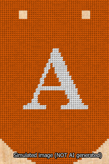 A simulated image of the stitched needlepoint design: Banner 13m Curved A White on Orange. Not A.I. generated.