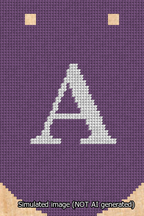 A simulated image of the stitched needlepoint design: Banner 13m Curved A White on Purple. Not A.I. generated.