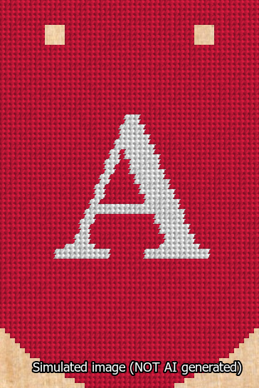 A simulated image of the stitched needlepoint design: Banner 13m Curved A White on Red. Not A.I. generated.