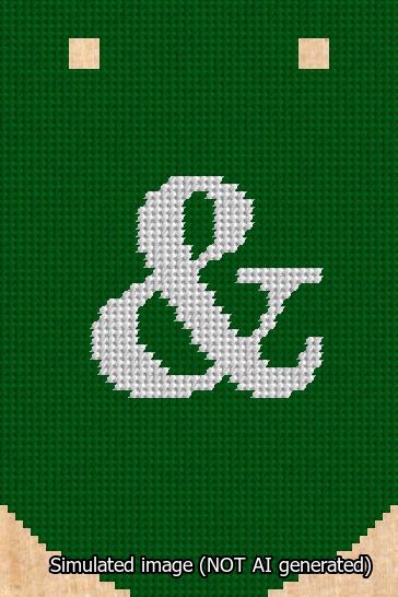 A simulated image of the stitched needlepoint design: Banner 13m Curved Ampersand White on Green. Not A.I. generated.