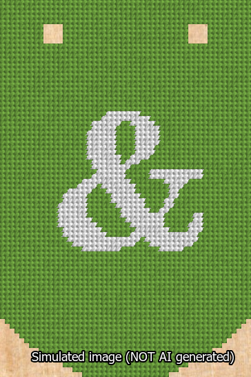A simulated image of the stitched needlepoint design: Banner 13m Curved Ampersand White on Light Green. Not A.I. generated.