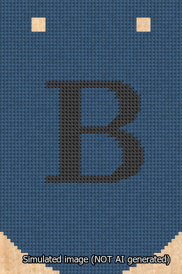 A simulated image of the stitched needlepoint design: Banner 13m Curved B Black on Blue. Not A.I. generated.