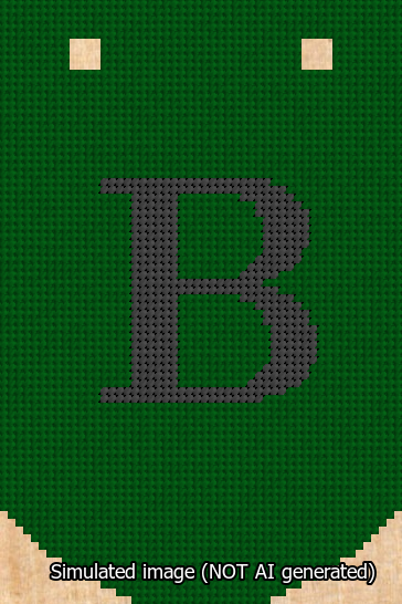 A simulated image of the stitched needlepoint design: Banner 13m Curved B Black on Green. Not A.I. generated.