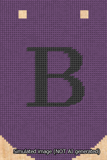 A simulated image of the stitched needlepoint design: Banner 13m Curved B Black on Purple. Not A.I. generated.