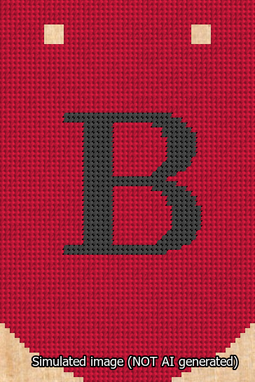 A simulated image of the stitched needlepoint design: Banner 13m Curved B Black on Red. Not A.I. generated.
