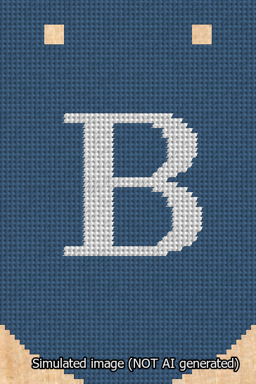 A simulated image of the stitched needlepoint design: Banner 13m Curved B White on Blue. Not A.I. generated.