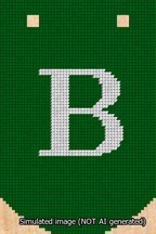 A simulated image of the stitched needlepoint design: Banner 13m Curved B White on Green. Not A.I. generated.