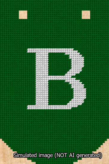 A simulated image of the stitched needlepoint design: Banner 13m Curved B White on Green. Not A.I. generated.