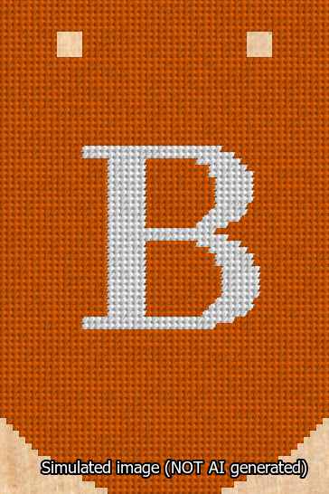 A simulated image of the stitched needlepoint design: Banner 13m Curved B White on Orange. Not A.I. generated.