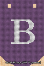 A simulated image of the stitched needlepoint design: Banner 13m Curved B White on Purple. Not A.I. generated.