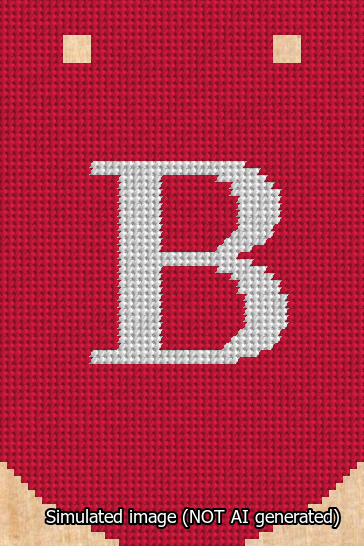 A simulated image of the stitched needlepoint design: Banner 13m Curved B White on Red. Not A.I. generated.