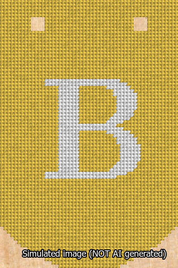 A simulated image of the stitched needlepoint design: Banner 13m Curved B White on Yellow. Not A.I. generated.