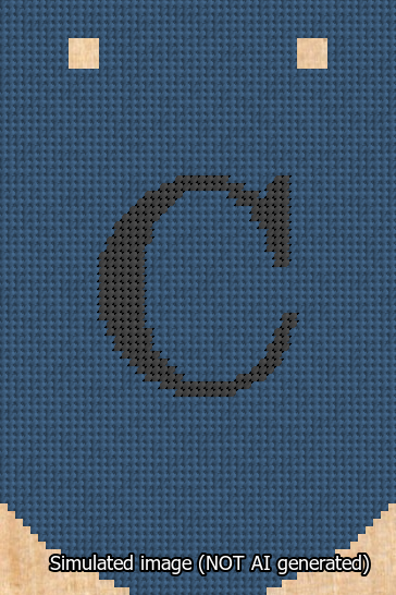 A simulated image of the stitched needlepoint design: Banner 13m Curved C Black on Blue. Not A.I. generated.
