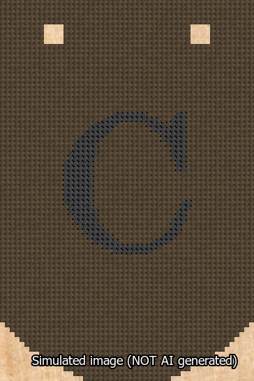 A simulated image of the stitched needlepoint design: Banner 13m Curved C Black on Brown. Not A.I. generated.