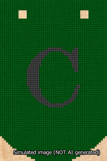 A simulated image of the stitched needlepoint design: Banner 13m Curved C Black on Green. Not A.I. generated.