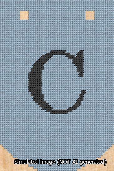 A simulated image of the stitched needlepoint design: Banner 13m Curved C Black on Light Blue. Not A.I. generated.