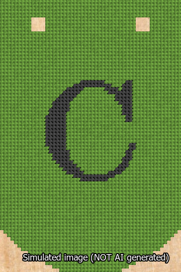 A simulated image of the stitched needlepoint design: Banner 13m Curved C Black on Light Green. Not A.I. generated.