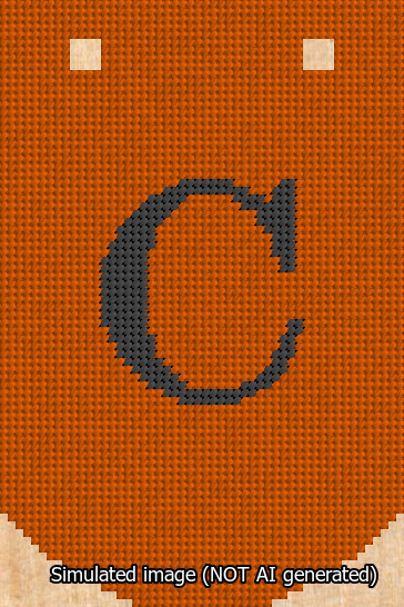 A simulated image of the stitched needlepoint design: Banner 13m Curved C Black on Orange. Not A.I. generated.