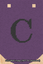 A simulated image of the stitched needlepoint design: Banner 13m Curved C Black on Purple. Not A.I. generated.