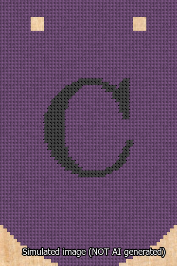 A simulated image of the stitched needlepoint design: Banner 13m Curved C Black on Purple. Not A.I. generated.