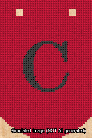A simulated image of the stitched needlepoint design: Banner 13m Curved C Black on Red. Not A.I. generated.
