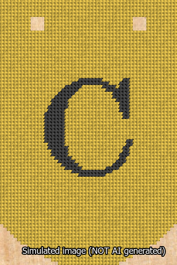 A simulated image of the stitched needlepoint design: Banner 13m Curved C Black on Yellow. Not A.I. generated.
