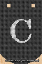 A simulated image of the stitched needlepoint design: Banner 13m Curved C White on Black. Not A.I. generated.