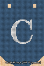 A simulated image of the stitched needlepoint design: Banner 13m Curved C White on Blue. Not A.I. generated.