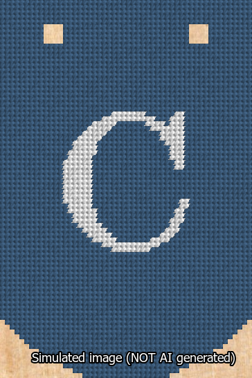 A simulated image of the stitched needlepoint design: Banner 13m Curved C White on Blue. Not A.I. generated.