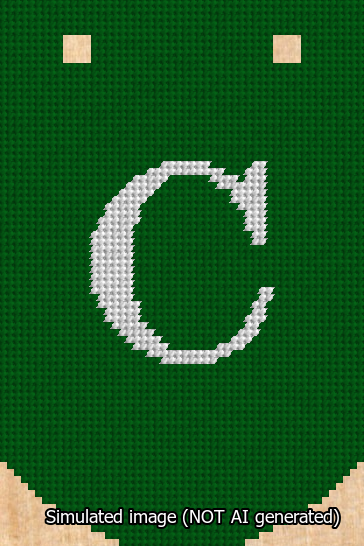 A simulated image of the stitched needlepoint design: Banner 13m Curved C White on Green. Not A.I. generated.