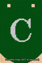 A simulated image of the stitched needlepoint design: Banner 13m Curved C White on Green. Not A.I. generated.