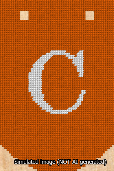 A simulated image of the stitched needlepoint design: Banner 13m Curved C White on Orange. Not A.I. generated.