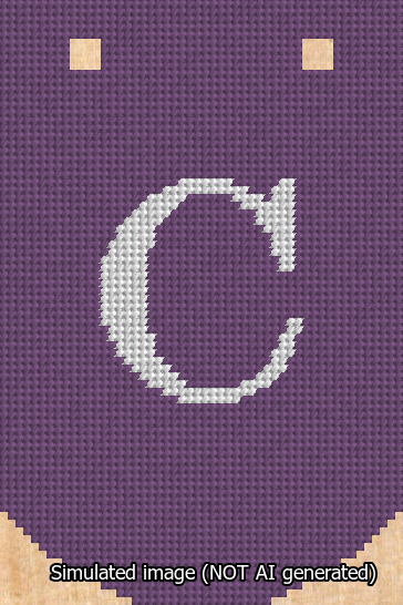A simulated image of the stitched needlepoint design: Banner 13m Curved C White on Purple. Not A.I. generated.