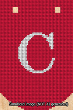 A simulated image of the stitched needlepoint design: Banner 13m Curved C White on Red. Not A.I. generated.